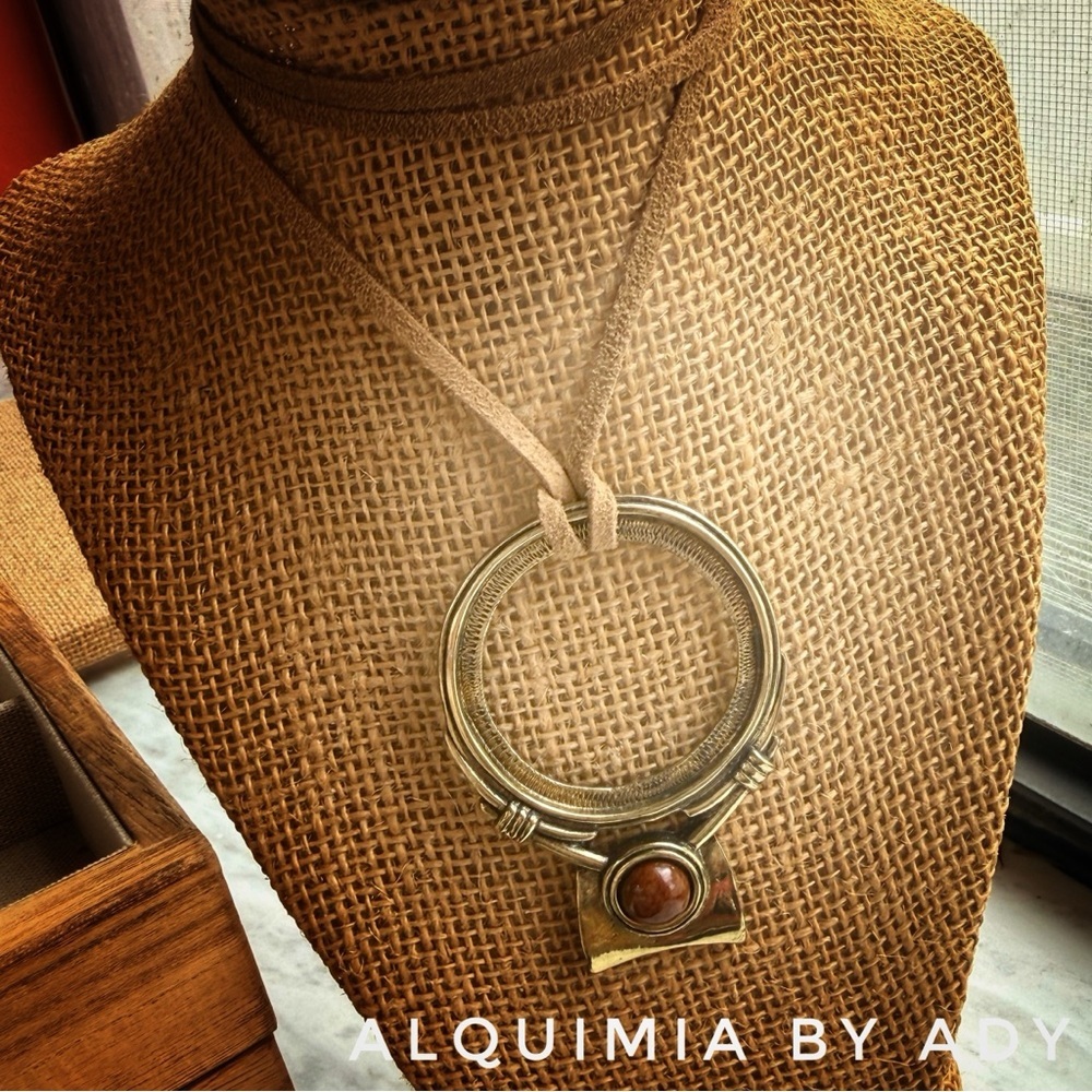Maximalist pendant | Bronze & red jasper| Artifact Jewelry suede long necklace